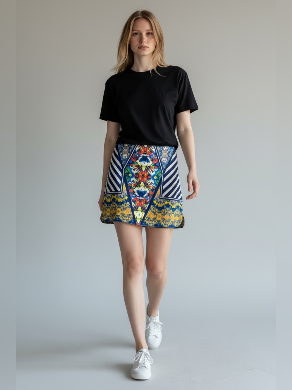 NWOT Jealous Tomato Multicolor Patterned Mini Skirt - Blue, Yellow, Red